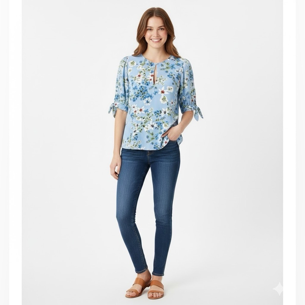Banana Republic Floral Keyhole Peplum Top In Light Blue With Tie Sleeves